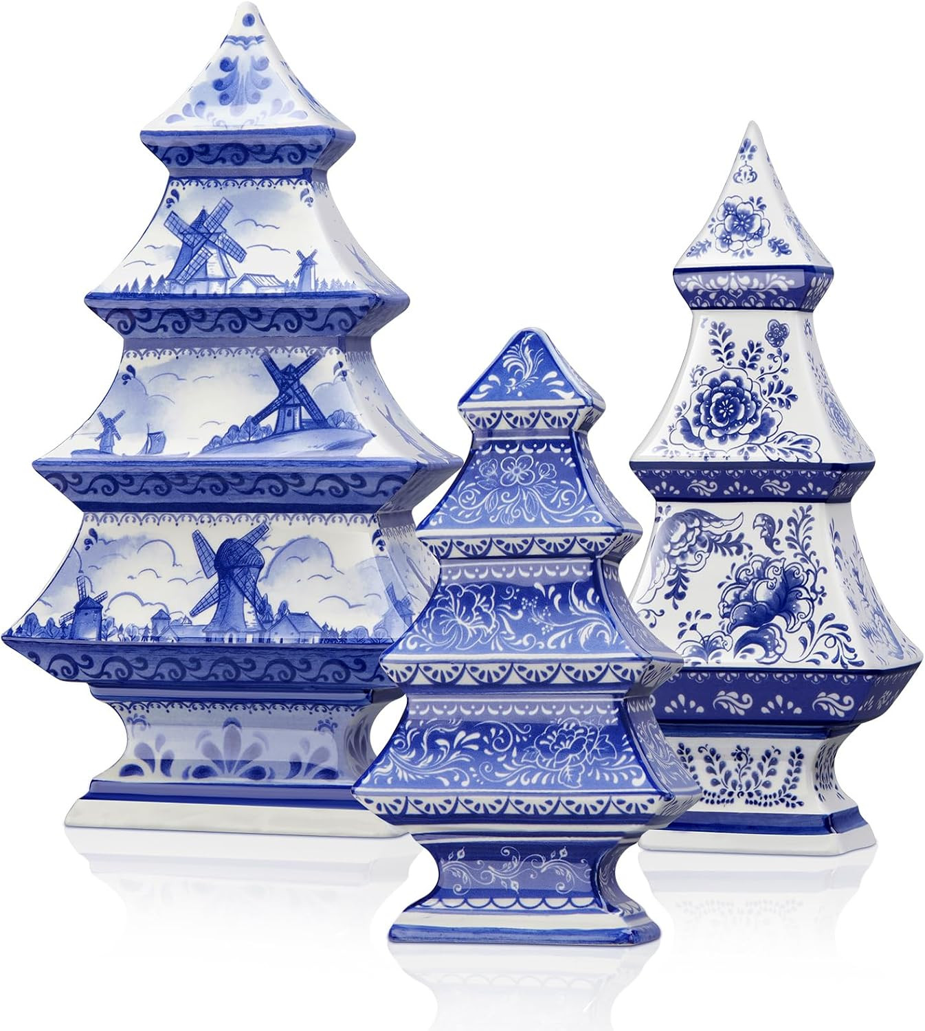 Soaoo 3 Pcs Blue and White Christmas Ceramic Figurines Decor, Xmas Tree | Amazon (US)