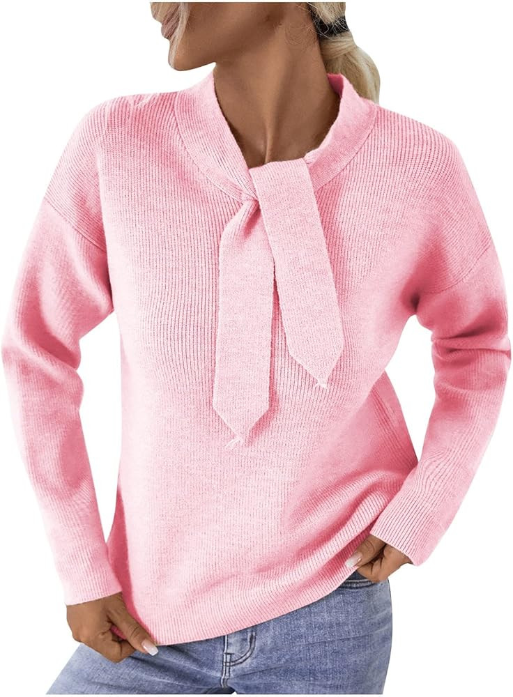 Women's Turtleneck Sweater Elegant Scarf Collar Bow Tie Neck Long Sleeve Knitted Pullover Jumper ... | Amazon (US)