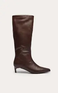 Chocolate PU Point Toe Kitten Heel Knee High Boots | PrettyLittleThing UK