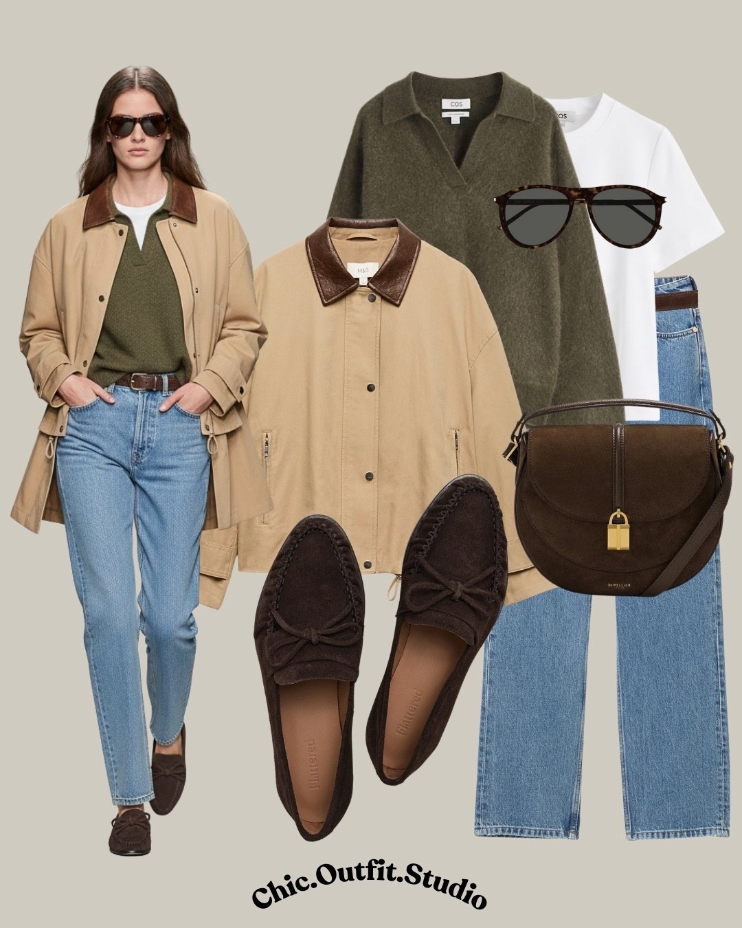 Camel & Olive Everyday Layers 🫒

Camel jacket layered over an olive green knit sweater with straight-leg blue jeans and dark brown suede loafers. Finished with a structured chocolate brown shoulder bag and classic sunglasses for a timeless smart casual outfit built on rich neutrals and clean silhouettes.
✨Where to wear: workdays, coffee meetings, city errands, travel days, everyday polished looks.
✨Tags: camel jacket, olive sweater, neutral layering, straight leg jeans, brown loafers, suede flats, structured handbag, everyday chic, smart casual outfit, minimalist wardrobe, winter to spring outfit, classic capsule pieces

#LTKspring #LTKbag #LTKshoes