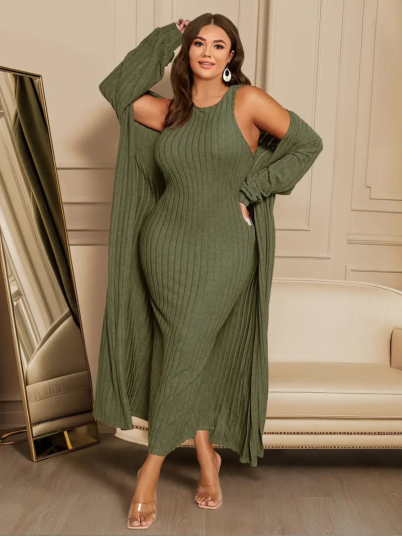 Plus Size Ribbed Two piece Set Long Sleeve Open Front - Temu | Temu Affiliate Program