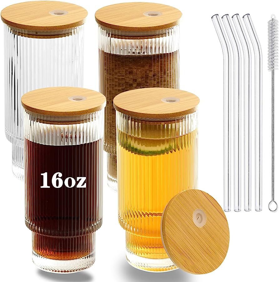 CAYOREPO 4 Pcs Set 16oz Ribbed Drinking Glasses with Bamboo Lids and Straws, Ribbed Glass Cups, S... | Amazon (US)