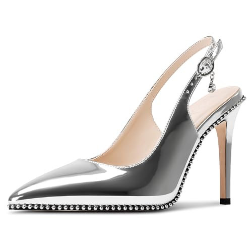 NobleOnly Slingback Beaded Pumps for Women High Stiletto Heel Pointed Toe Slip-on Dress Sandals Adjustable Buckle Rhinestone Patent Leather 3.9 Inches Heels Silver 8 M US | Amazon (US)