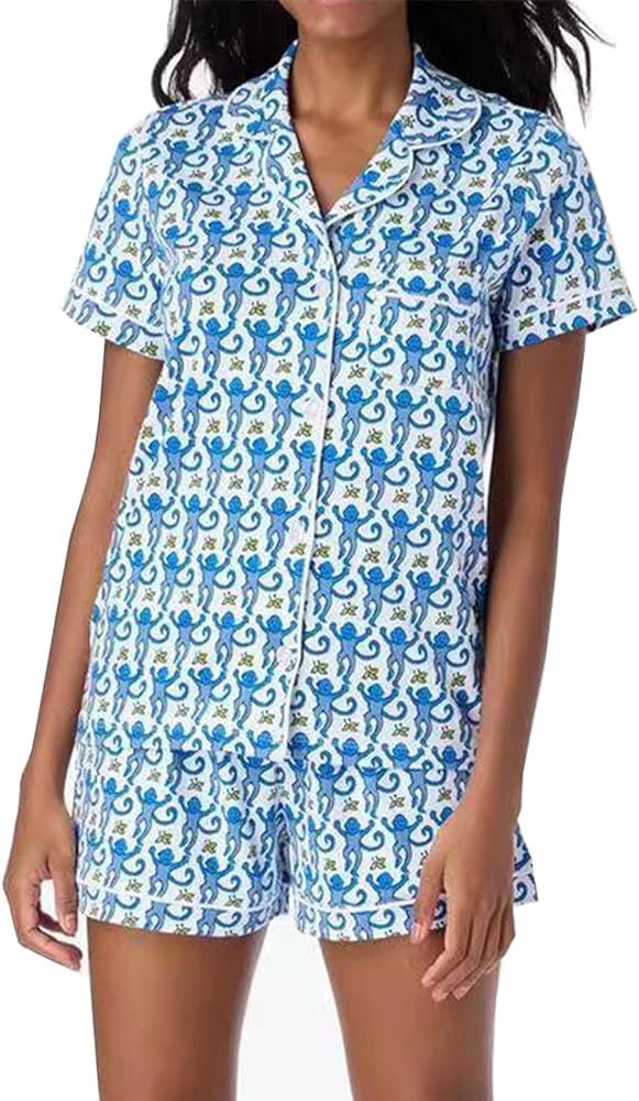 Women's Pajama Set 2 Pieces Button Cartoon Monkey Pattern Short Sleeve Shorts Pajama Set Cute Hom... | Amazon (US)