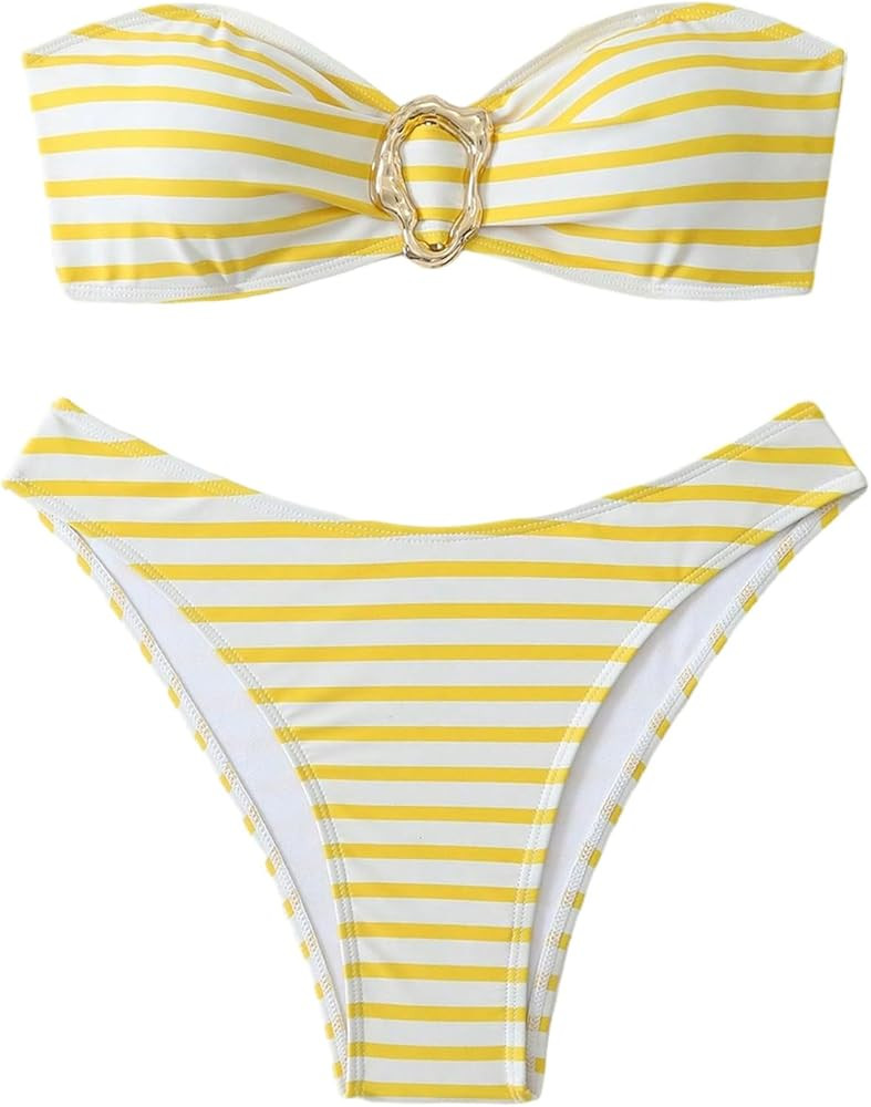 GORGLITTER Women's Striped Strapless Swimsuits Metal Bandeau Bikini Sets Cheeky Bottom Boho Bathi... | Amazon (US)