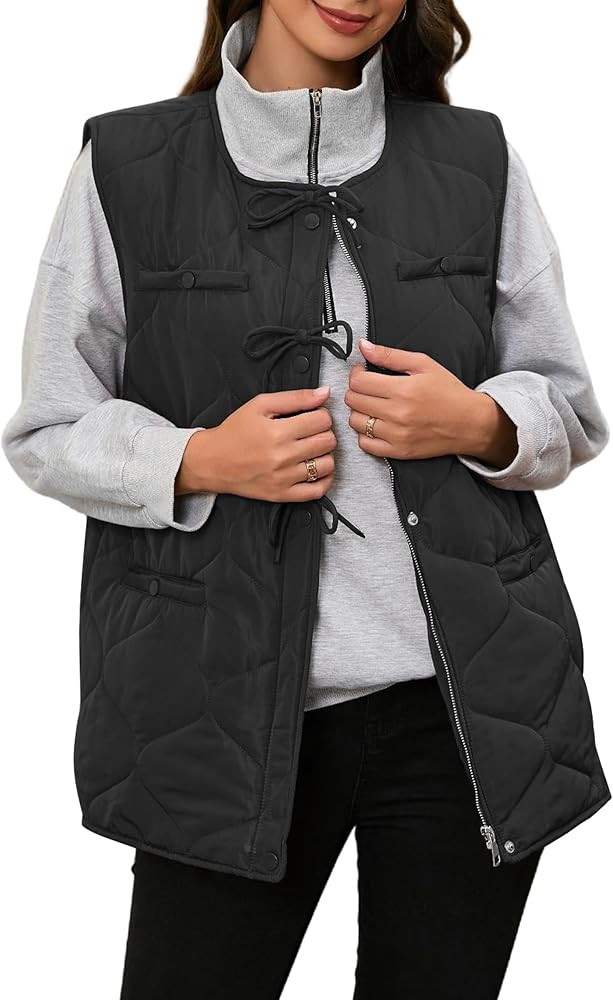 ECOWISH Puffer Vest Women 2025 Sleeveless Quilted Jacket Bow Button Zip Up Fall Winter Coat Padde... | Amazon (US)