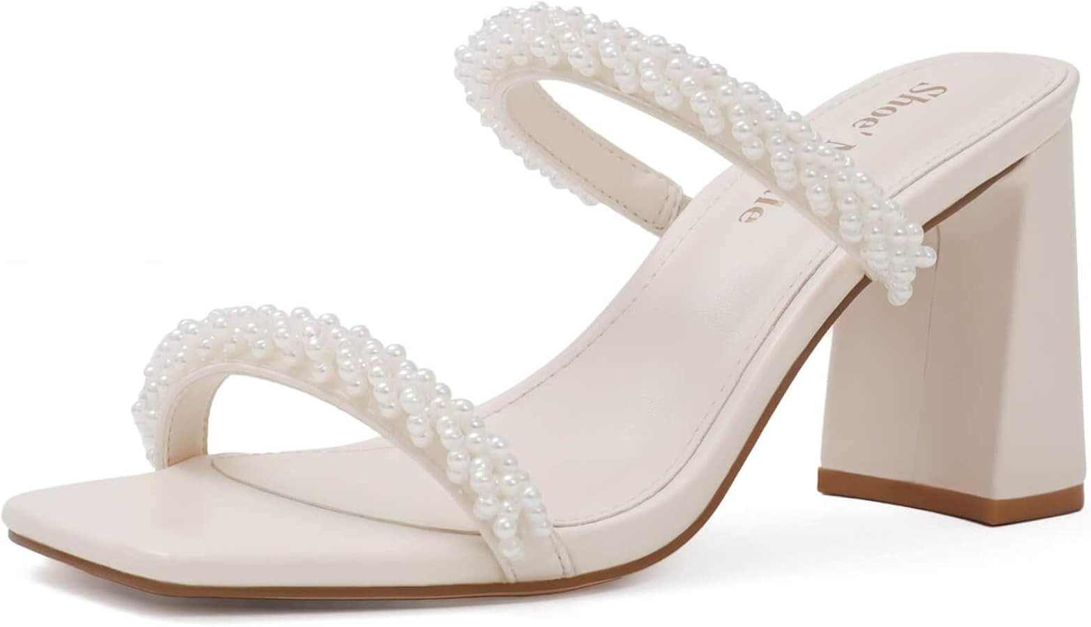 Shoe'N Tale Pearl Strappy Heels for Women Two Band Chunky Block Heeled Sandals Square Open Toe Ba... | Amazon (US)