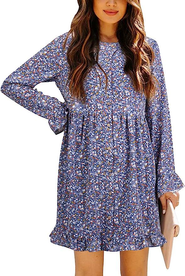 FAMITION Women's Floral Print Dress Long Sleeve Button Down Tunic Dress Casual Flowy Swing Babydo... | Amazon (US)