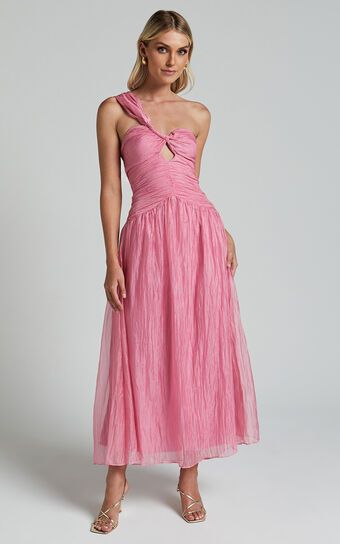 Janeilla Midi Dress - Ons Shoulder Cut Out Front Ruched Fit and Flare Dress in Pink | Showpo (US, UK & Europe)