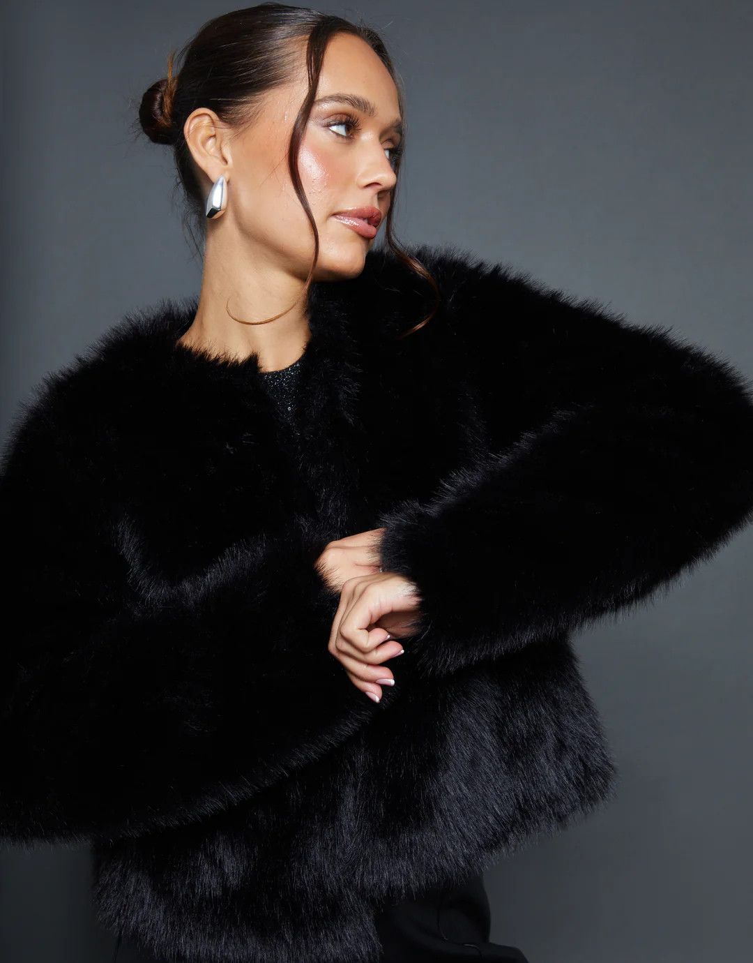 Black Collarless Faux Fur Coat | Threadbare