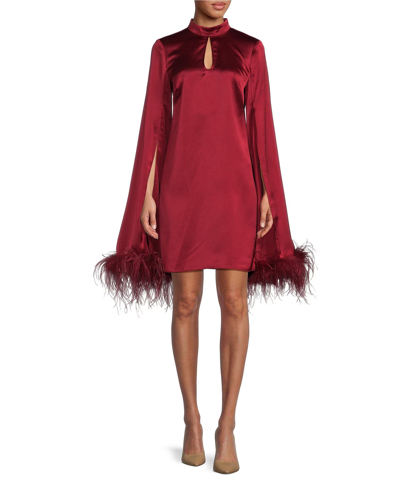 Hiromi Satin Mock Neck Feather Trim Cape Shift Dress | Dillard's