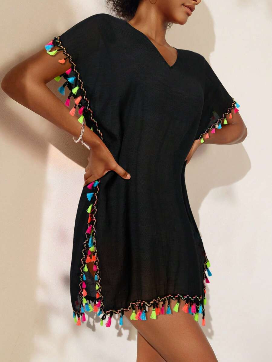 Swim Vcay Women's Vacation V-Neck Loose Straight Cover Up Dress With Colorful Pom-Poms Trim Summe... | SHEIN
