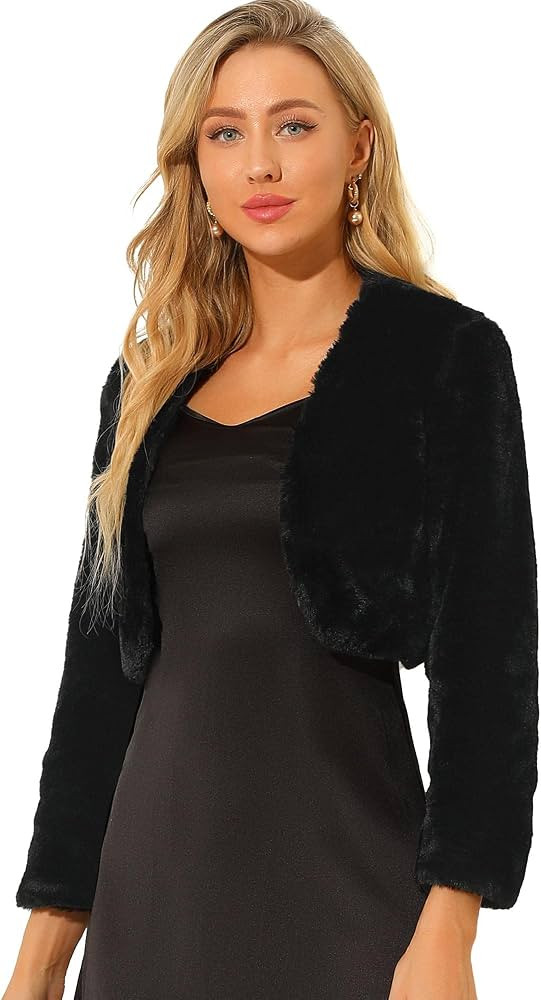 Allegra K Women's Cropped Jacket Evening Open Front Bolero Faux Fur Shrug | Amazon (US)