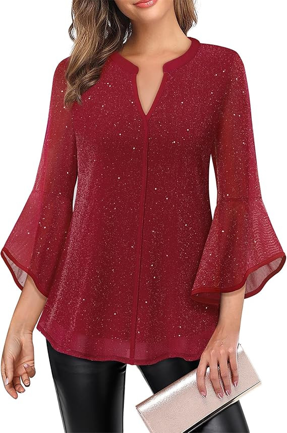 VALOLIA Women's 3/4 Sleeve Dressy Blouses Shirts Casual Loose Fit Mesh Layered Flowy Tunic Tops | Amazon (US)