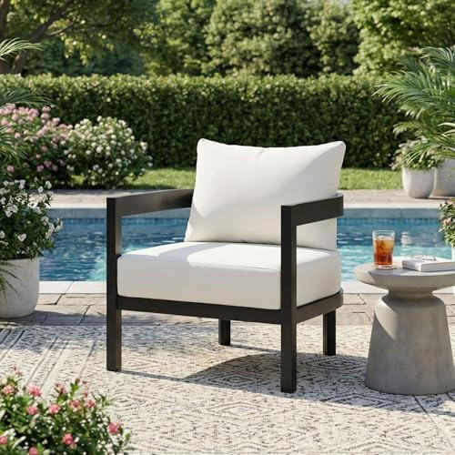 Merax 27.6" Outdoor Curved Patio Accent Chair with All-Weather Coushions, Aluminum Frame Single L... | Amazon (US)
