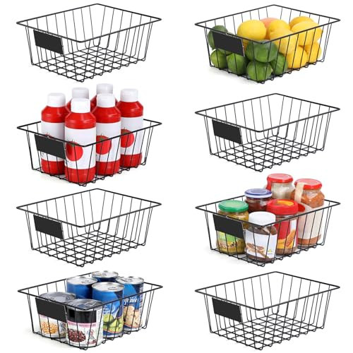 8 Pack Wire Storage Baskets for Organizing with Removable Tags, Pantry Organization Bins for Kitchen Cabinets, Closet - Metal Basket for Laundry, Garage, Refridge, Bathroom Countertop Organizer, Black | Amazon (US)