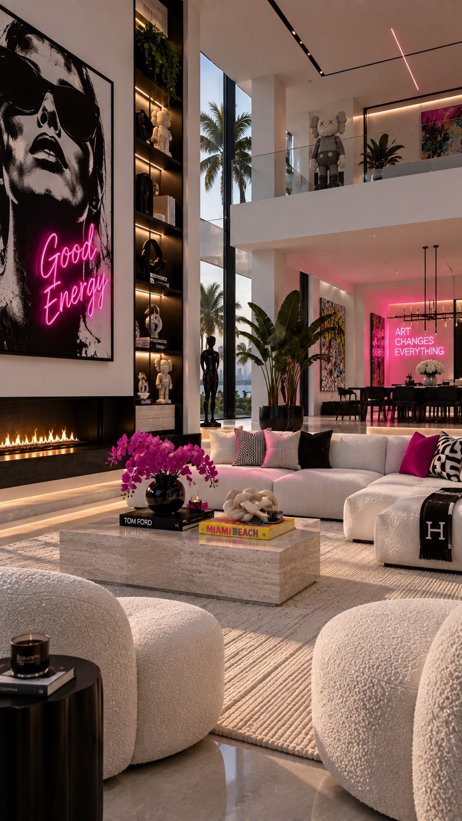 Shop This Room ✨ Shop the full look through my LTK — all products and similar finds are linked below. A glamorous Miami-inspired living room featuring soft ivory boucle furniture, warm wood, dramatic black-and-white statement art, vibrant pink accents and neon lighting. The double-height space and modern fireplace create a sophisticated luxury look with a playful Miami Art Deco vibe.

#LivingRoomInspo #LivingRoomDesign #LivingRoomDecor #LuxuryLivingRoom #ModernLivingRoom #MiamiStyle #MiamiInteriors #MiamiDecor #MiamiHome #ArtDecoInterior #ModernGlam #PinkDecor #NeonDecor #LuxuryInteriors #InteriorDesign #HomeDecor #ModernHome #LuxuryHome #InteriorInspo #HomeInspiration #DesignerInspired #StatementArt #BoucleFurniture #NeutralHome #ContemporaryInterior #LuxuryDecor #LTKHome #LTKFinds #ShopLTK #LTKStyleTip #HomeFinds