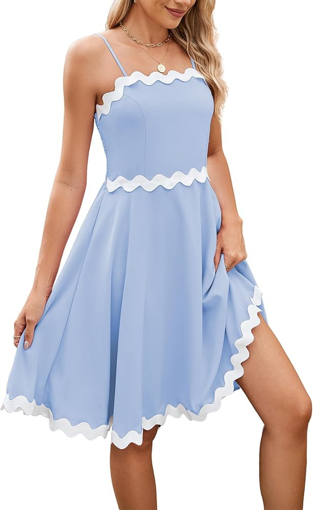 ECOWISH Women Mini Summer Dress - Rickrack Short Flowy Beach Sundress Casual Spaghetti Strap Back... | Amazon (US)