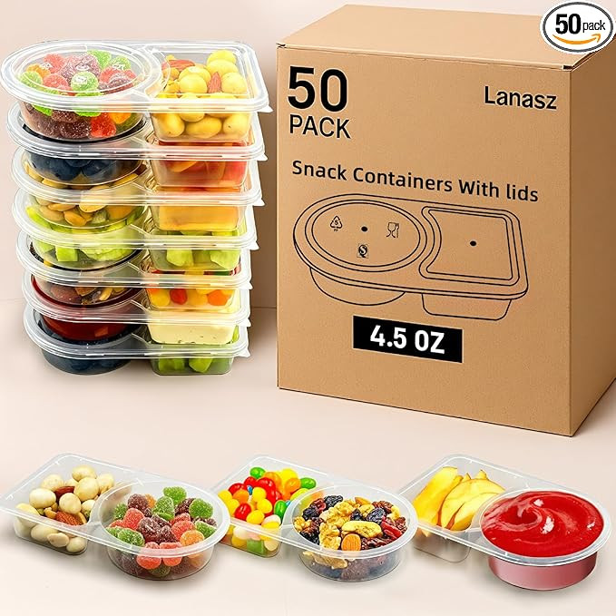 50 Sets Reusable snack containers with lids, Disposable Double Compartment Plastic Container for ... | Amazon (US)