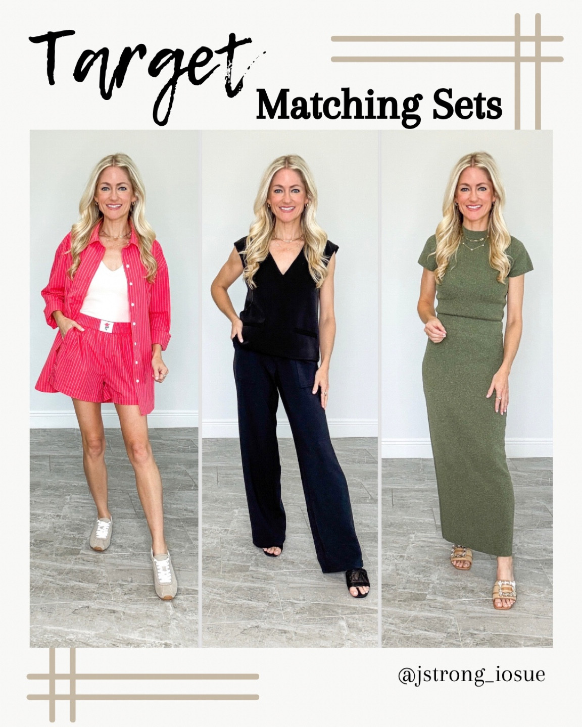 Target matching sets from casual to dressy!  Trendy boxer shorts with a small floral detail, elastic waist and pockets. Button up is oversized and lightweight, has a matching floral detail on the shirt. This set is great for a swim coverup too! Buttery soft black set is an extended shoulder style. Pants have elastic waist and pockets, petite friendly. Olive green sweater set is stretchy and soft. Slit in the back of the skirt. 

#LTKFindsUnder50 #LTKStyleTip