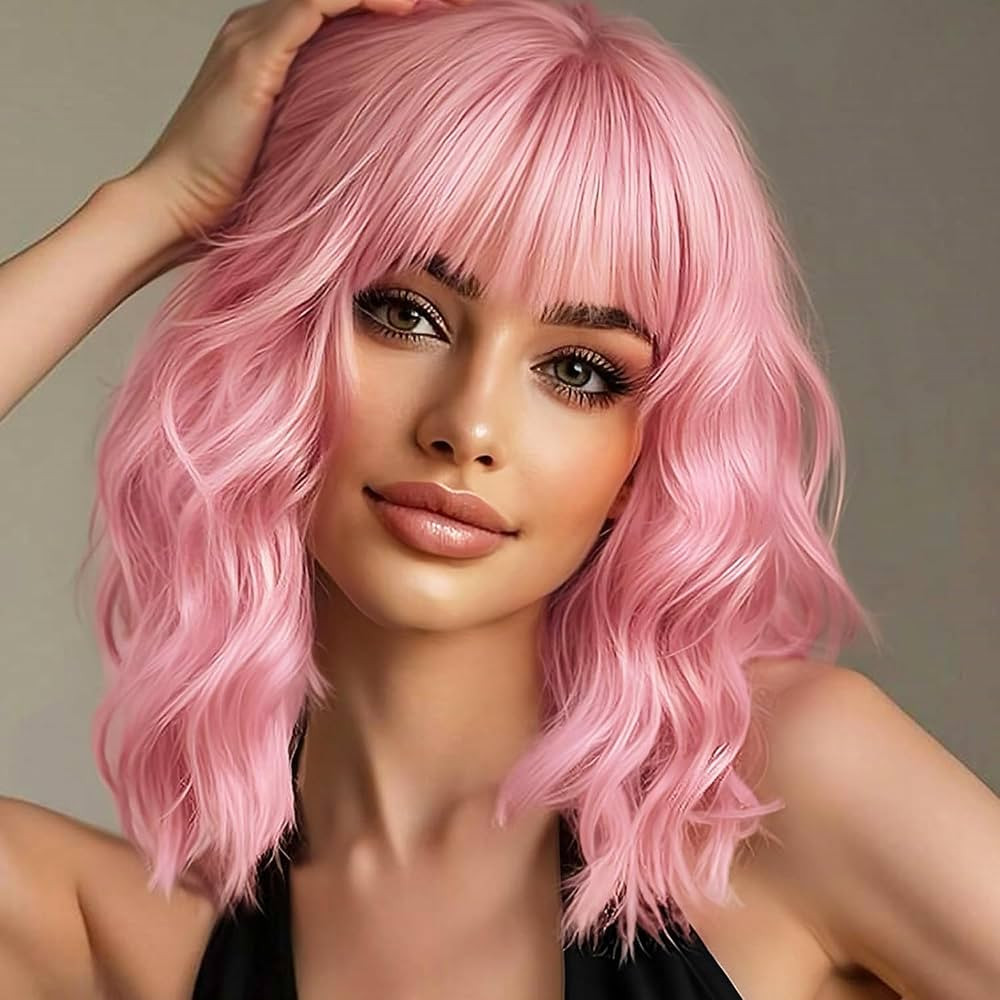 Light Pink Wig for Women Short Pastel Wavy Wigs Curly Bob Wigs with Bangs Shoulder Length Colorfu... | Amazon (US)