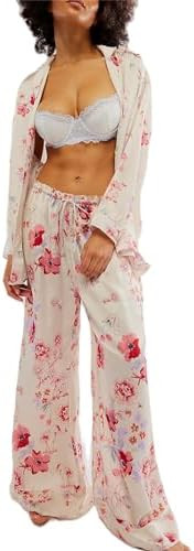 Womens Y2k Silk Pajama Sets Floral Print Long Sleeve Button Down Shirts Wide Leg Pants 2 Piece Lo... | Amazon (US)