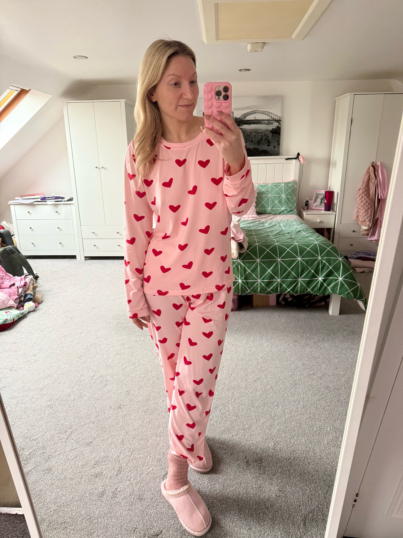 In my love season era! Cutest and comfiest pjs! 
For ref I’m a size 8 and wearing a L ❤️