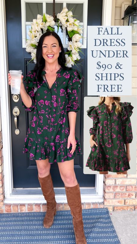 Loving this affordable fall dress! The green and pink combo is so fun and it’s under $90 and ships free! Ruffle sleeves, mini dress, and pockets, easy to throw on and go. Pair with tall boots or short booties. Runs a little big, I sized down to an XS. 

Fall fashion, date night outfit, mom style, ootd, fall dress, preppy style, classic, affordable #fallfashion #momstyle #falldress #boots 

#LTKfindsunder100 #LTKSeasonal #LTKstyletip