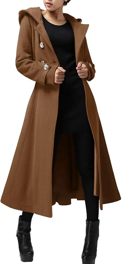 Cicy Bell Womens Long Double-Breasted Hooded Coat Winter Warm Wool Trench Coat with Belts | Amazon (US)