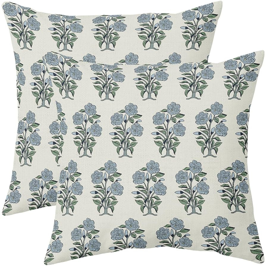 Blue Green Floral Block Print Pillow Covers 18x18 Set of 2 Chinoiserie Flower Leaves Outdoor Deco... | Amazon (US)