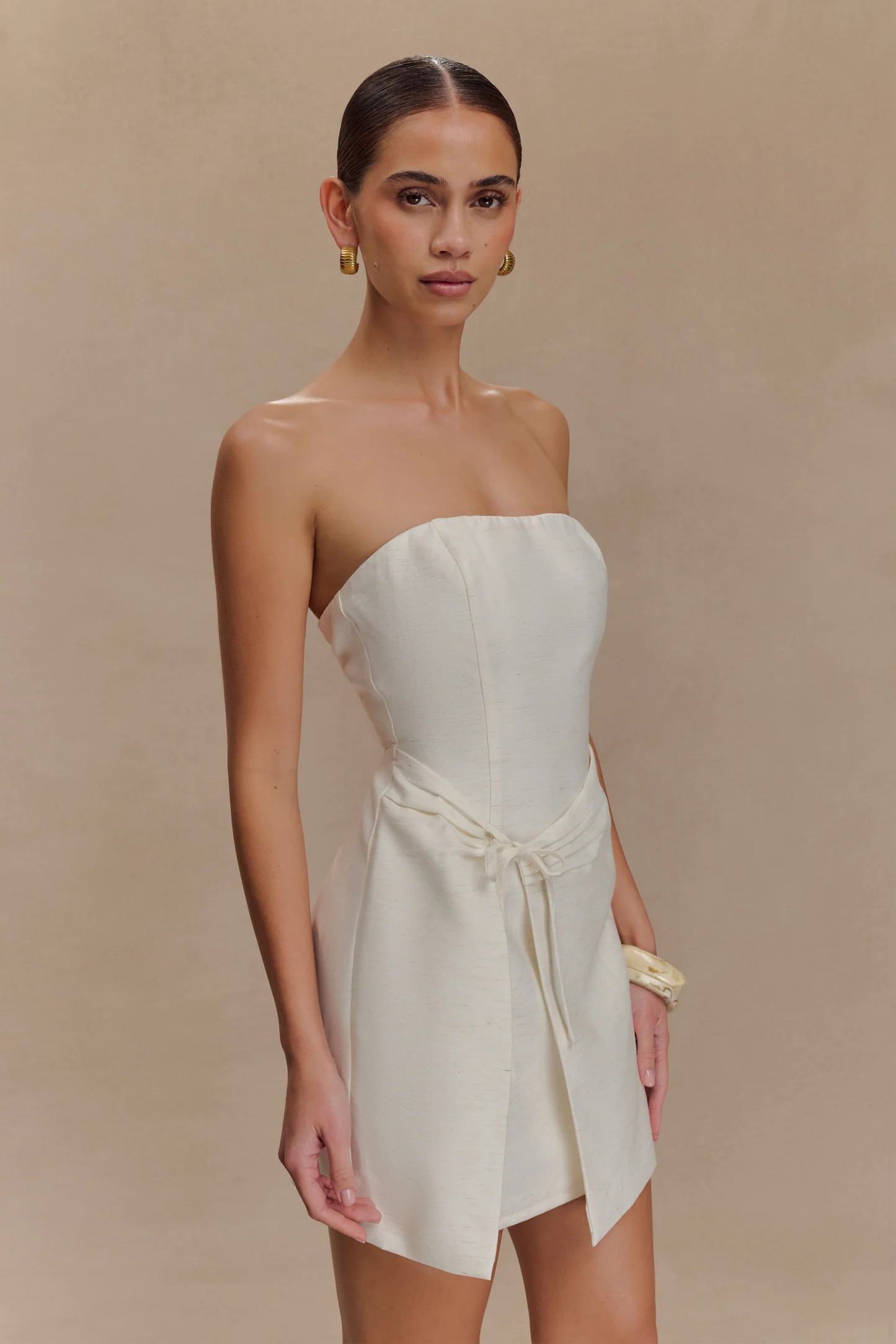 Steph Strapless Linen Mini Dress - White | MESHKI US