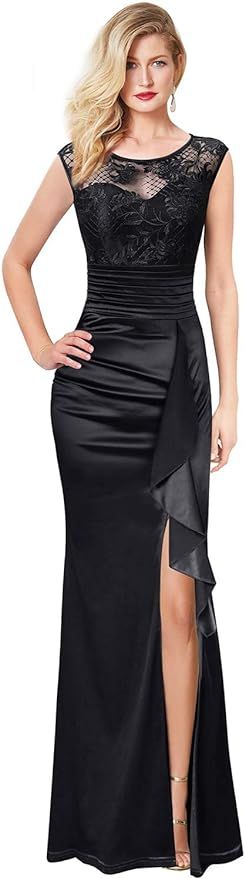 Vfshow Womens Ruched Ruffle High Slit Formal Evening Prom Wedding Party Maxi Dress | Amazon (US)