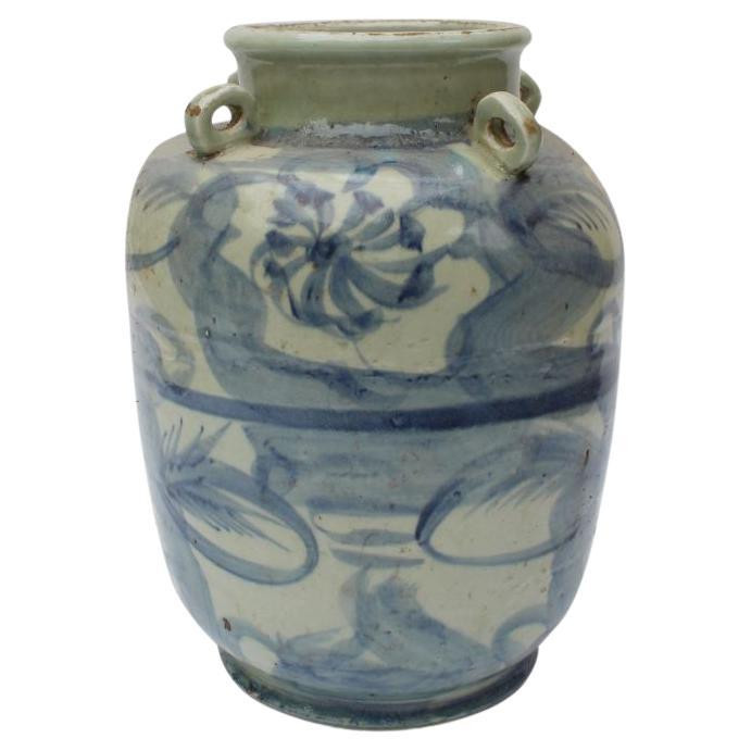 Blue and White Four Loop Handle Jar Twisted Flower Motif | 1stDibs