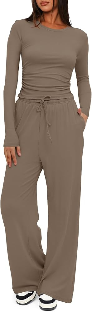Darong Women's 2 Piece Lounge Set 2026 Long Sleeve Tops Wide Leg Pants Casual Matching Outfit Tra... | Amazon (US)