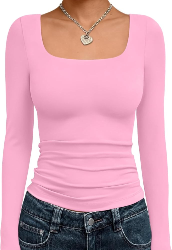 Trendy Queen Womens Long Sleeve Shirts Crop Tops Fall Fashion Solid Square Neck Going Out Basics ... | Amazon (US)