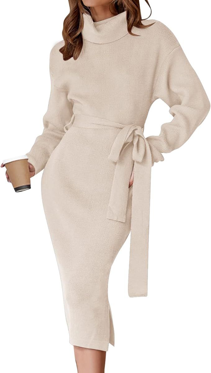 ZESICA Women's Turtleneck Sweater Midi Dress Long Sleeve Ribbed Knit Bodycon Slit Dress with Belt | Amazon (US)