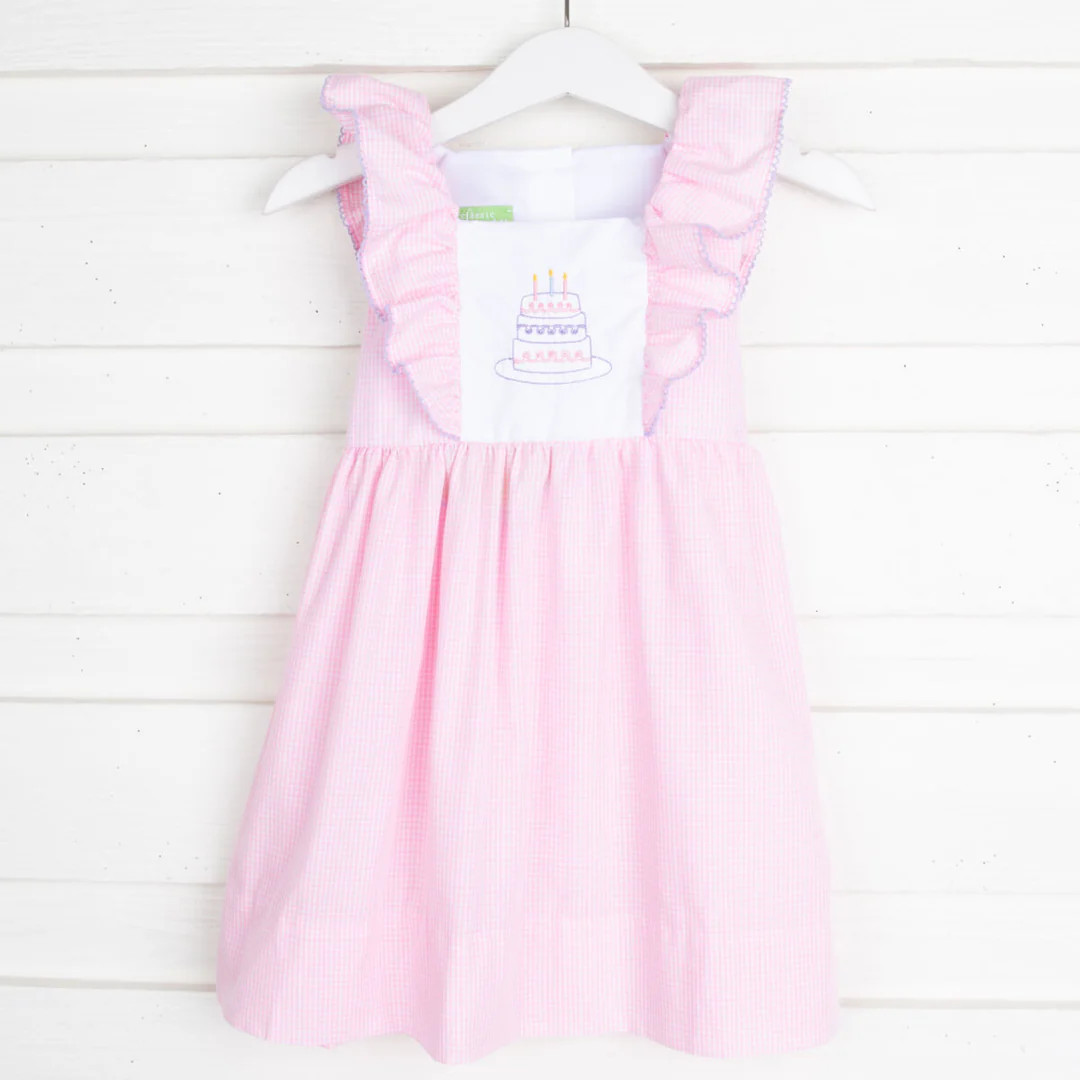 Birthday Cake Embroidered Waterfall Dress Light Pink Gingham | Classic Whimsy