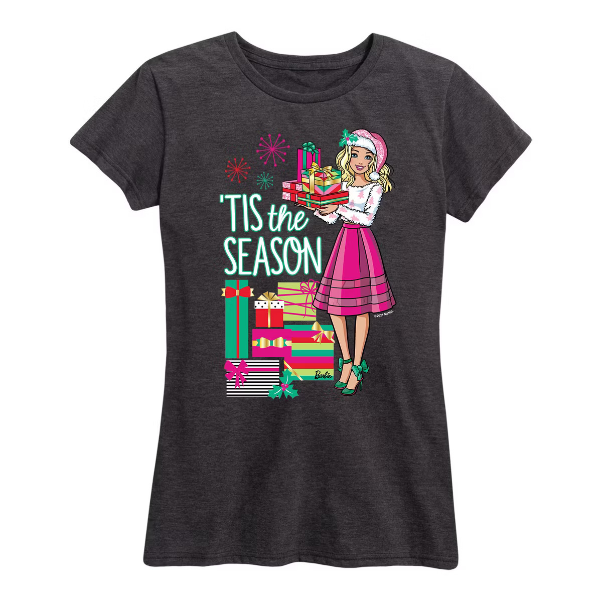 Women's Barbie Tis The Season Short Sleeve Graphic T-Shirt - Heather Charcoal - Medium | Target