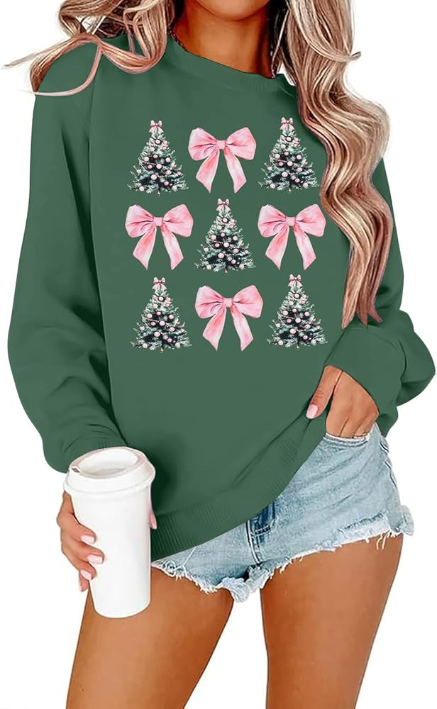ASTANFY Christmas Tree Sweatshirts Women Christmas Coquette Bow Graphic Pullover Holiday Long Sle... | Amazon (US)