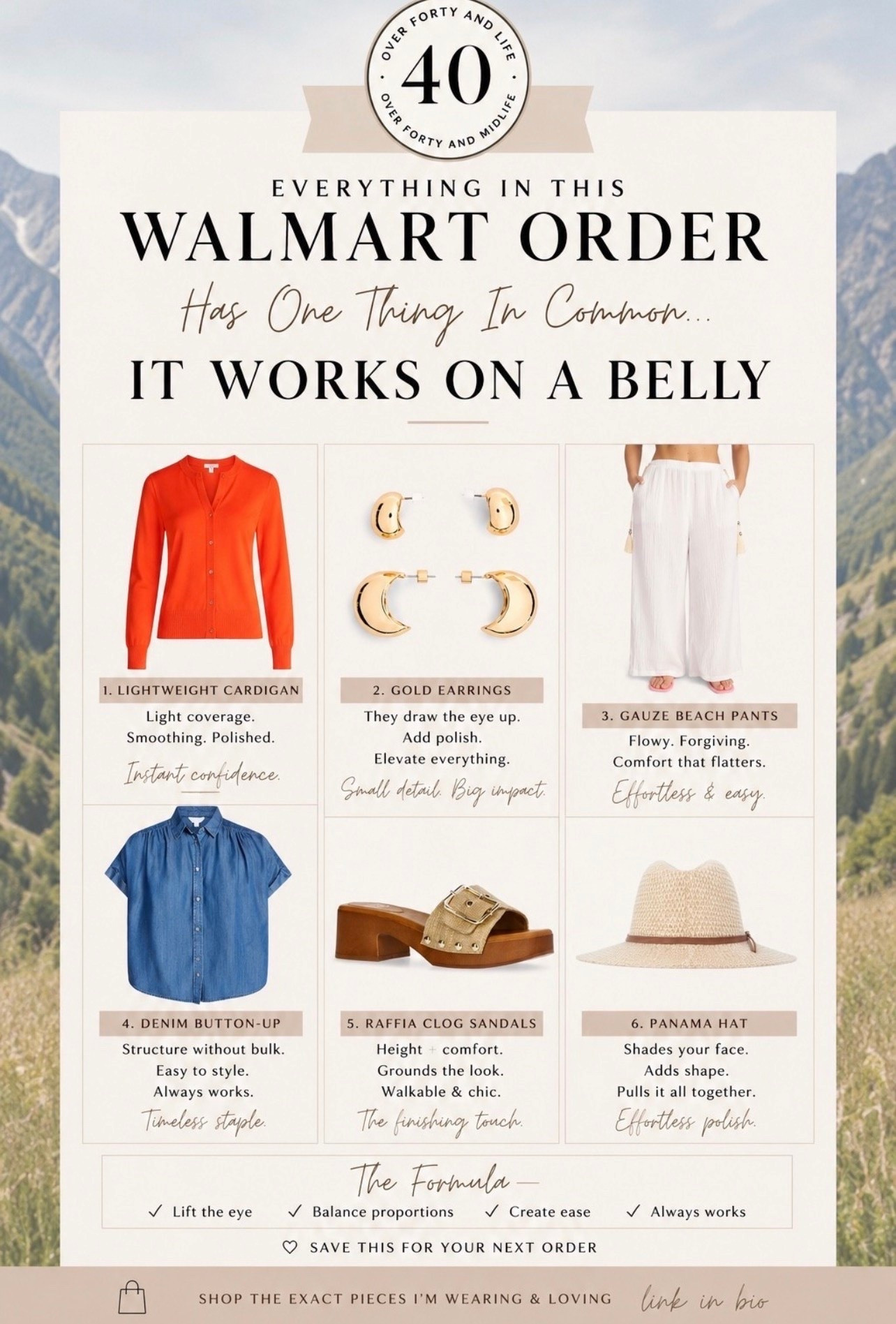 ✨Tap the bell, save and ❤️ for over 40 fashion, midlife style, midsize fashion and luxury looks for less. 

I realized something after this Walmart order…

None of these pieces were chosen because they hide a belly.

They were chosen because they work with one.

Somewhere along the way, many of us started shopping for clothes that would make our stomach disappear.

What if we started shopping for pieces that make us feel good instead?

✨ Gauze pants that skim instead of cling
✨ A lightweight cardigan for chilly restaurants and over-air-conditioned stores
✨ A denim top that creates structure without feeling stiff
✨ A hat that adds instant polish
✨ Raffia sandals that give a little height without sacrificing comfort
✨ Accessories that draw the eye up and finish the look

That’s the Outfit Physics™ formula:

✔ Lift the eye
✔ Skim the body
✔ Balance proportions
✔ Create ease

Because style isn’t about looking smaller.

It’s about feeling like yourself again.


👑 Helping you look good, feel good.-Lindsey Denver   

Check back daily for belly-friendly style, confidence, and Outfit Physics™.

#LTKOver40 #LTKMidsize #LTKPlusSize

https://liketk.it/6g4z9