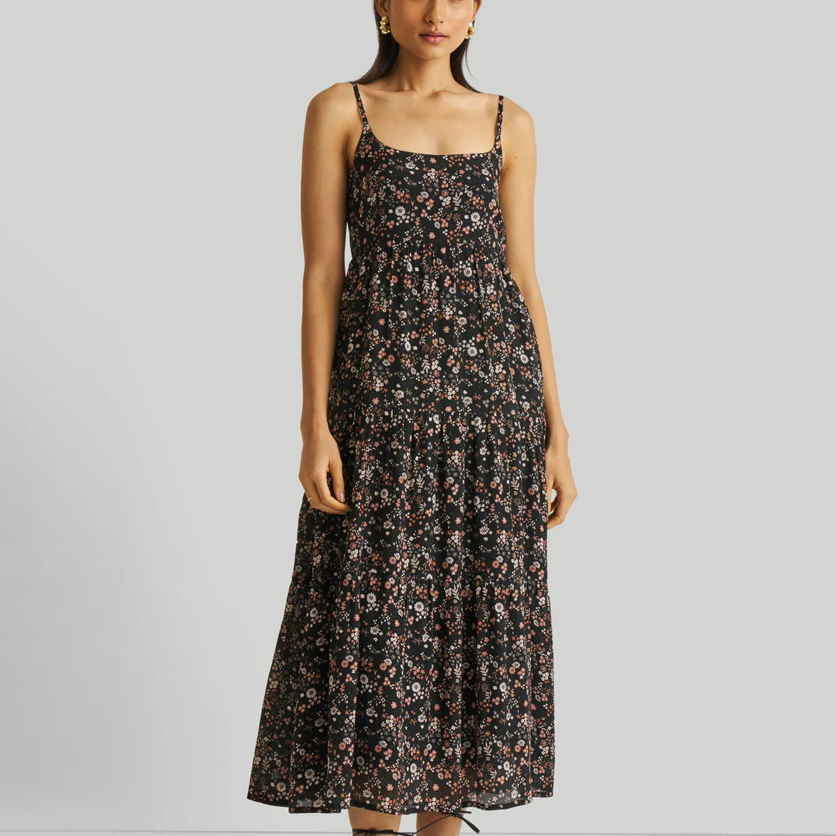 Strappy Tiered Maxi Dress in Black Florals | Reistor