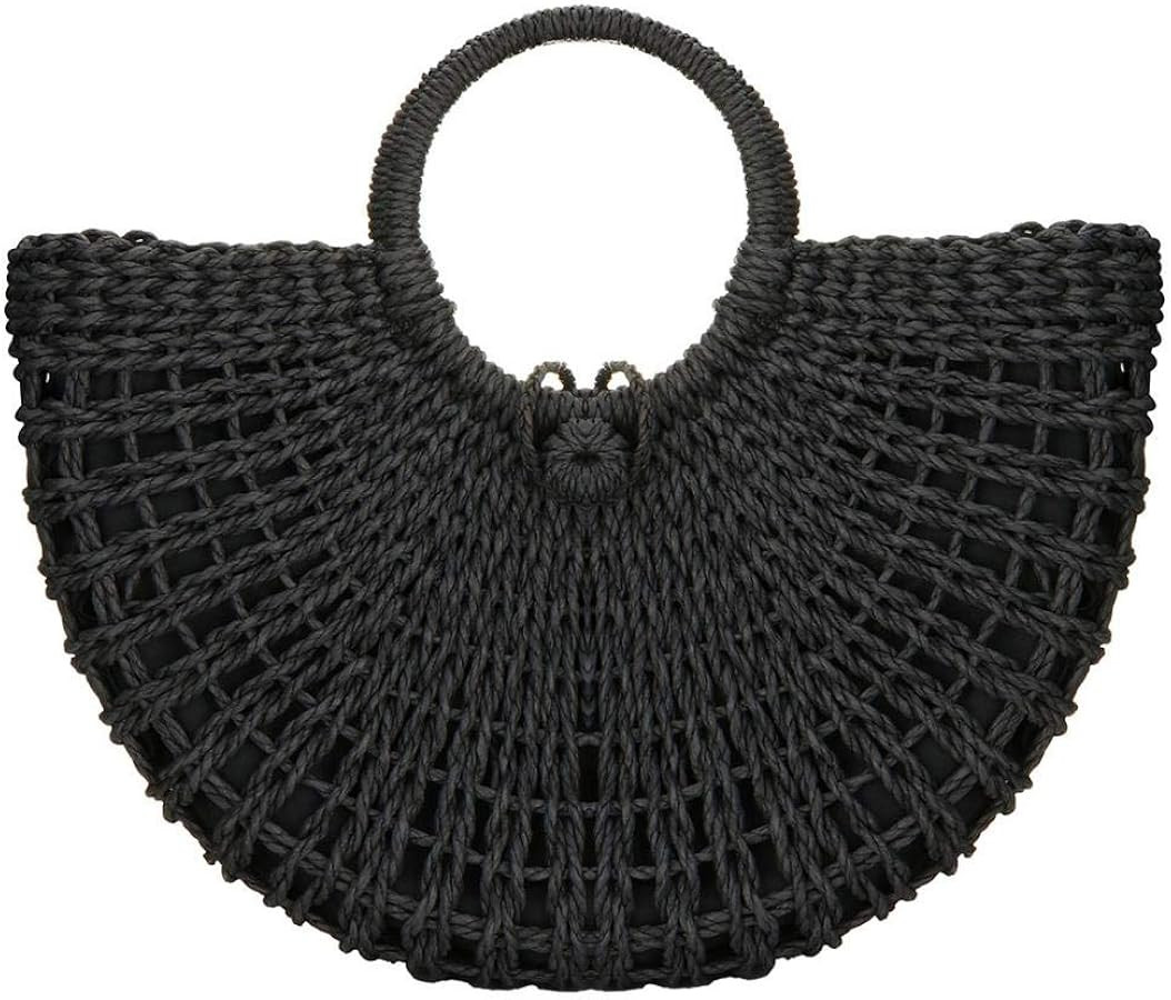 YYW Straw Bags for Women,Hand-woven Straw Top-handle Bag with Round Ring Handle Summer Beach Ratt... | Amazon (US)