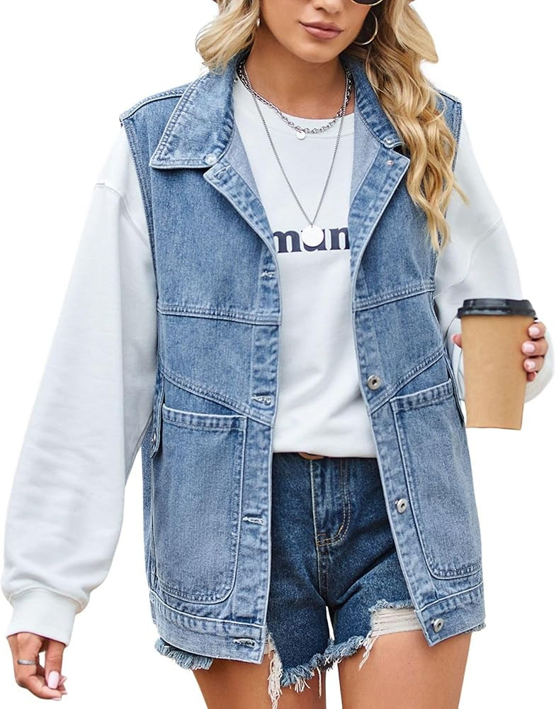 FindThy Women’s Vintage Denim Jean Vest Oversized Button Down Jean Waistcoat Gilet | Amazon (US)