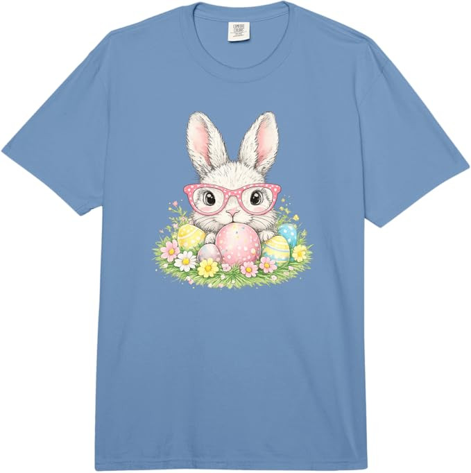 Cute Easter Bunny Glasses Spring Rabbit Pattern Comfort Colors Adult Heavyweight T-Shirt | Amazon (US)