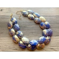 Golden Royal Blue Necklace, Double Strand Bright Jewelry, Big Beaded Chunky Statement, Summer Necklace, Turquoise Blue Gold White | Etsy (US)