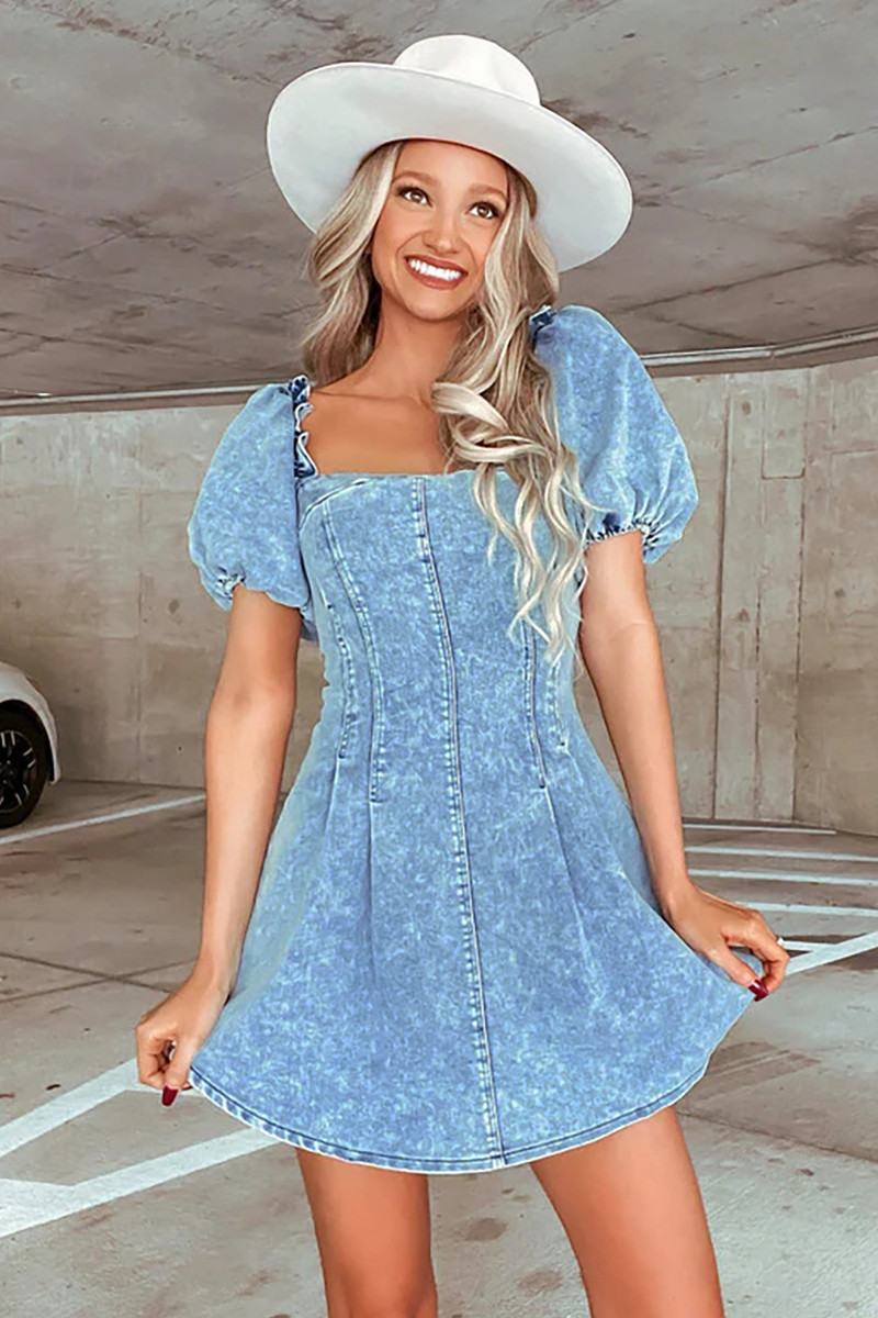Square Neck Puff Sleeve A-Line Denim Mini Dresses-Blue | Cherley