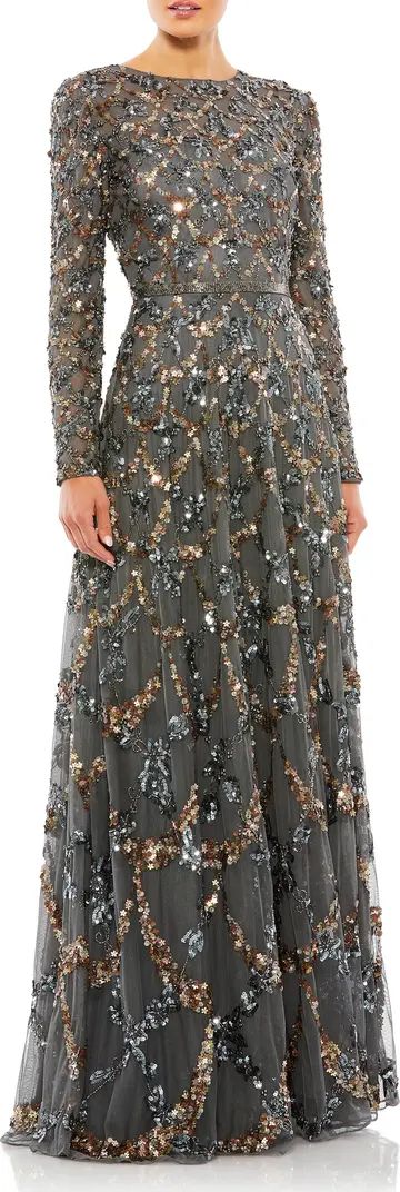 Beaded Long Sleeve A-Line Gown | Nordstrom