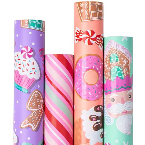 RUSPEPA Pink Christmas Wrapping Paper Set for Kids Girls, Jumbo Roll, Cute Santa, Gingerbread House, Candy and Donut Patterns Perfect for Holiday Gifts, Party, 4 Rolls, 30 inches x 10 feet per Roll | Amazon (US)