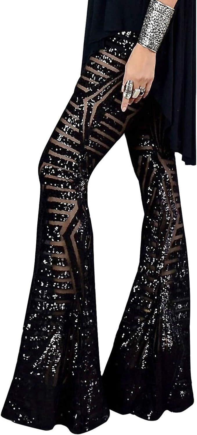 AZOKOE Women High Waist Wide Leg Palazzo Lounge Pants Sequin Bell Bottoms Trousers | Amazon (US)
