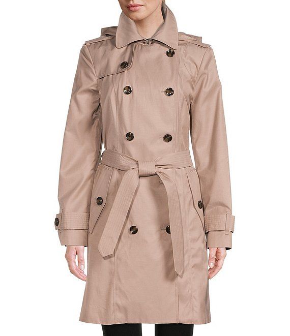 Double Breasted Belted Hooded Rain Coat | Dillard's